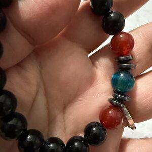 Beaded Stretch Bracelet with Black, Red and Teal Accent Beads